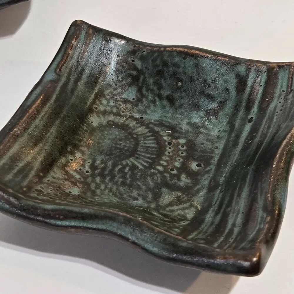 Art Pottery Sauce/ Ring/ Chopstick Holders x4‎ Art Pottery Abstract Green rustic